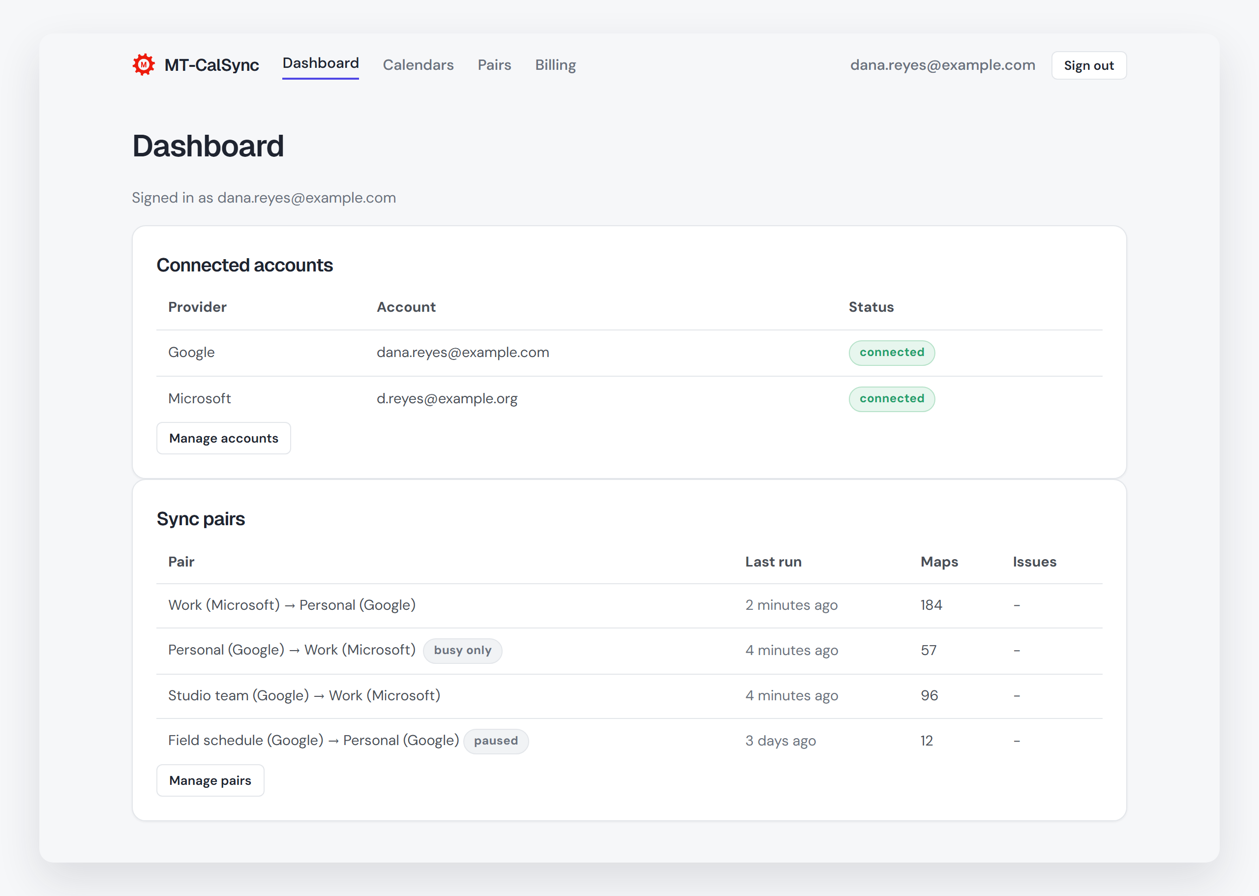 MT-CalSync dashboard showing connected calendars and sync pairs